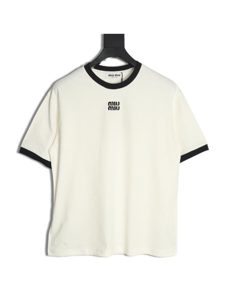 Miu Miu Contrast Collar Embroidered Logo Short Sleeve T-Shirt,Miu Miu