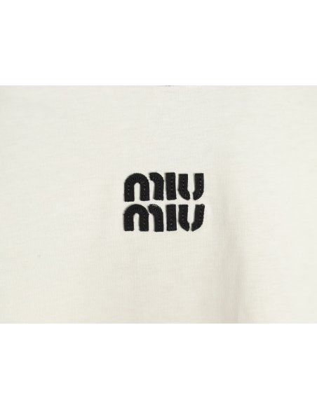 Miu Miu Contrast Collar Embroidered Logo Short Sleeve T-Shirt,Miu Miu