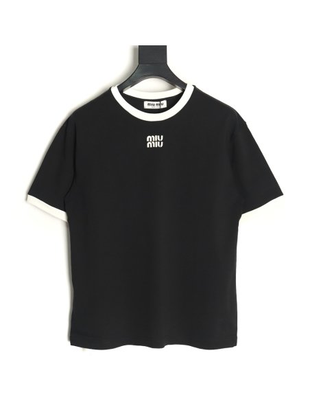 Miu Miu Contrast Collar Embroidered Logo Short Sleeve T-Shirt TSK1,Miu Miu