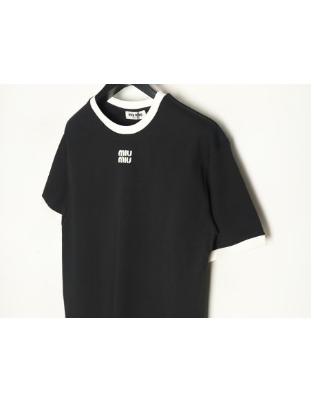 Miu Miu Contrast Collar Embroidered Logo Short Sleeve T-Shirt TSK1,Miu Miu