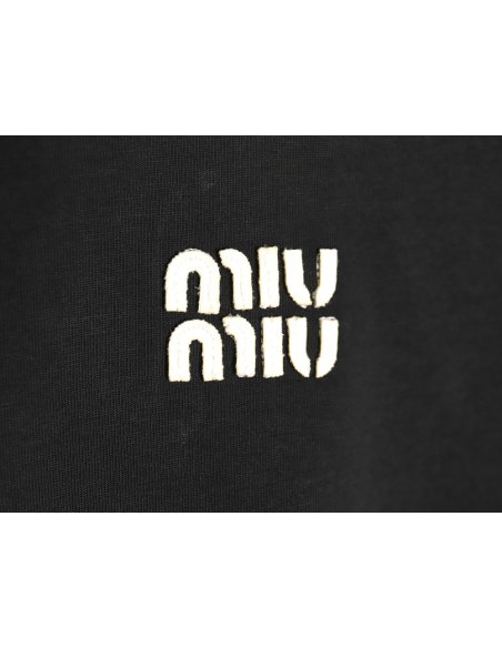 Miu Miu Contrast Collar Embroidered Logo Short Sleeve T-Shirt TSK1,Miu Miu