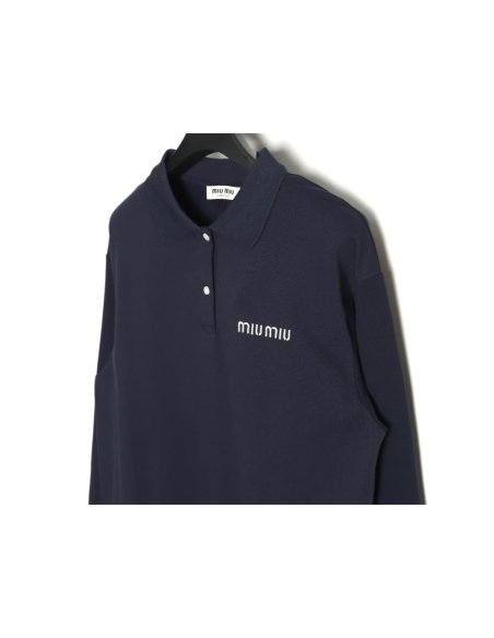 Miu Miu Lettering Embroidered Lapel Long Sleeve T-Shirt,Miu Miu