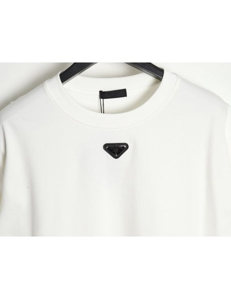 Prada Neckline Metal Triangle Logo Short Sleeve T-Shirt,Prada