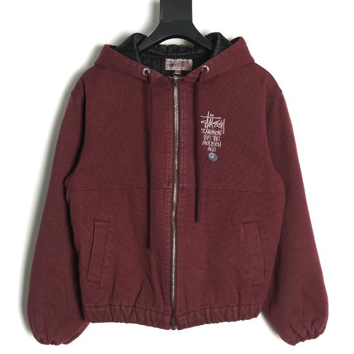 Stussy distressed letters embroidery black 8 hooded cotton coat,Stussy