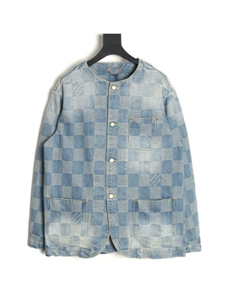 Louis Vuitton 24SS Checkerboard Collarless Denim Shirt Jacket,Louis Vuitton