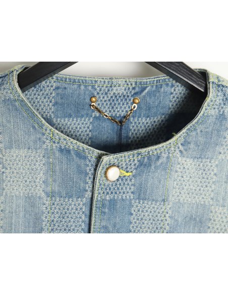 Louis Vuitton 24SS Checkerboard Collarless Denim Shirt Jacket,Louis Vuitton