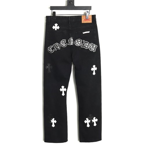Chrome Hearts Sanskrit cross patch leather jeans TSK1,Chrome Hearts