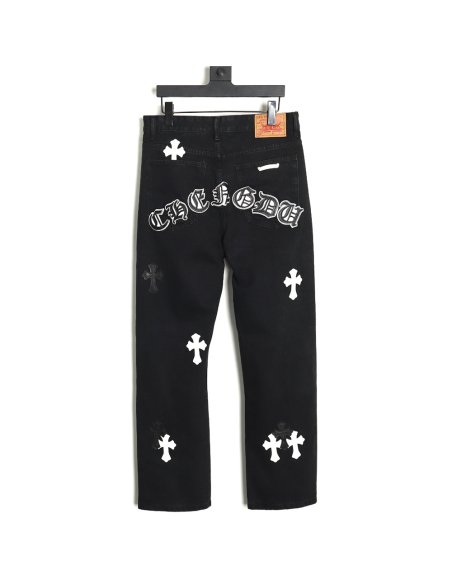 Chrome Hearts Sanskrit cross patch leather jeans TSK1,Chrome Hearts