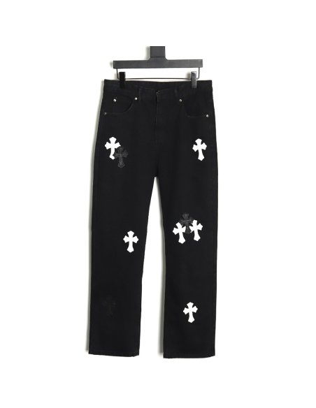 Chrome Hearts Sanskrit cross patch leather jeans TSK1,Chrome Hearts
