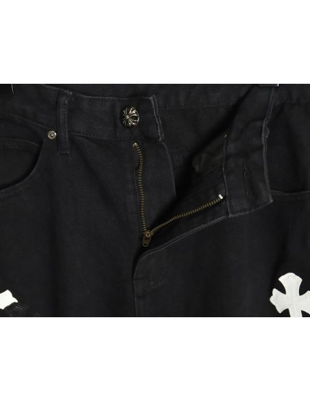 Chrome Hearts Sanskrit cross patch leather jeans TSK1,Chrome Hearts