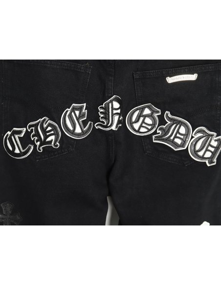 Chrome Hearts Sanskrit cross patch leather jeans TSK1,Chrome Hearts