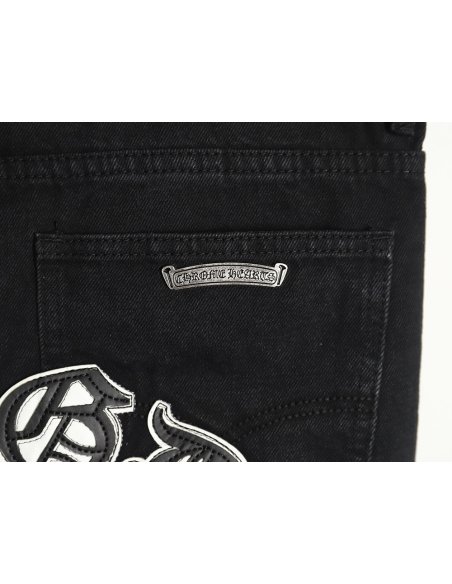Chrome Hearts Sanskrit cross patch leather jeans TSK1,Chrome Hearts