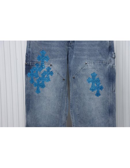 Chrome Hearts multicolor laser cross leather denim trousers,Chrome Hearts