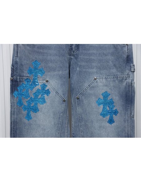 Chrome Hearts multicolor laser cross leather denim trousers,Chrome Hearts