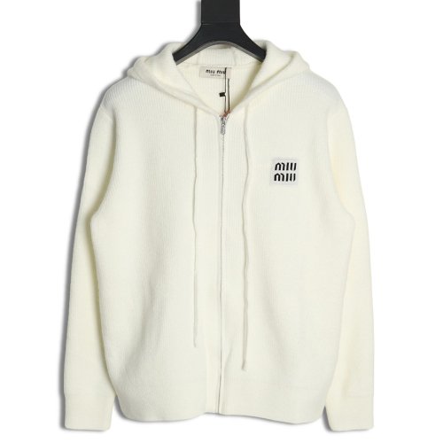Miu Miu logo embroidered zip-up hooded sweater,Miu Miu