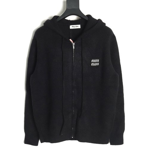 Miu Miu logo embroidered zip-up hooded sweater TSK1,Miu Miu