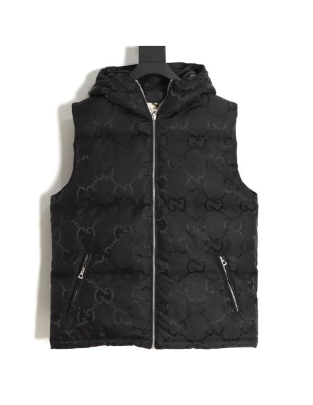 Gucci 22FW dark pattern double G printed canvas hooded down vest,Gucci