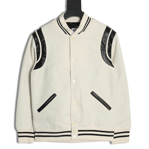 Saint Laurent Paris classic black and white leather baseball collar jacket,Saint Laurent