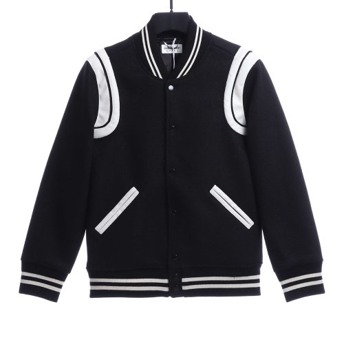 Saint Laurent Paris slp classic leather black and white baseball collar jacket,Saint Laurent
