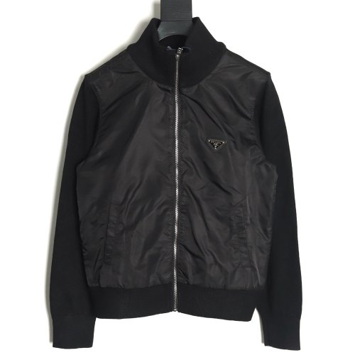 Prada inverted triangle logo nylon splicing wool jacket,Prada