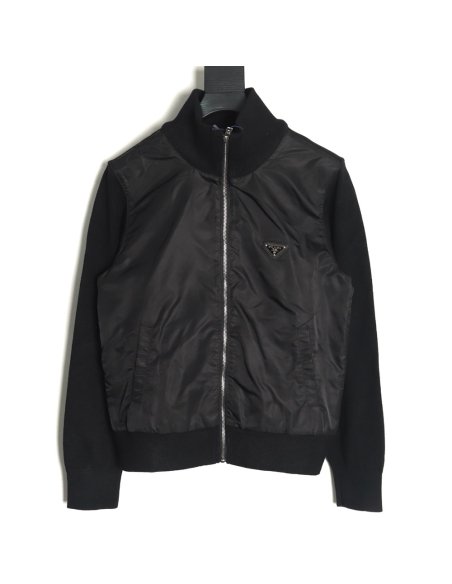 Prada inverted triangle logo nylon splicing wool jacket,Prada