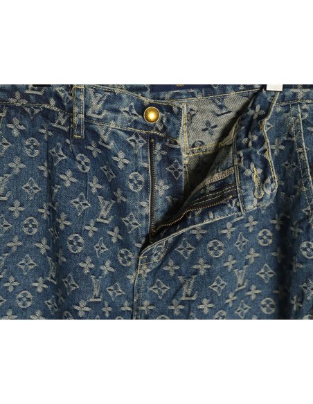 Louis Vuitton washed blue jeans with all-over print and side straps,Louis Vuitton