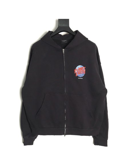 Balenciaga globe pattern printed distressed zipper jacket TSK1,Balenciaga