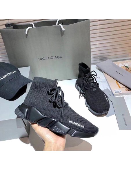 BALENCIAGA SPEED LACE-UP RECYCLED KNIT TRAINERS IN BLACK,BALENCIAGA SPEED