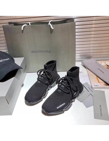 BALENCIAGA SPEED LACE-UP RECYCLED KNIT TRAINERS IN BLACK,BALENCIAGA SPEED