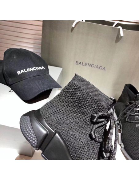 BALENCIAGA SPEED LACE-UP RECYCLED KNIT TRAINERS IN BLACK,BALENCIAGA SPEED
