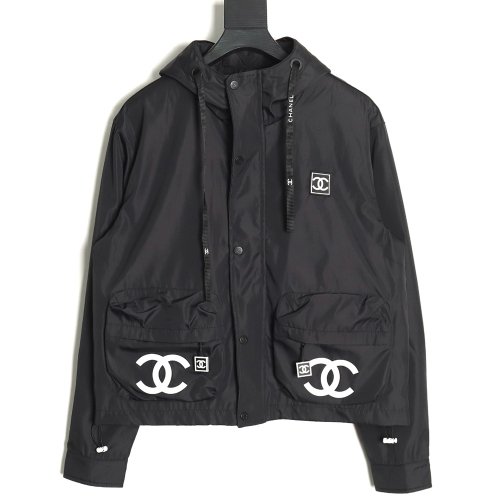 Chanel Embroidered Slogan Vintage Zipper Hooded Trench Coat,Chanel